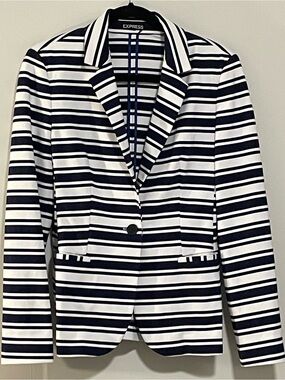 Express Navy and White Striped Single-Button Blazer. Item # 11607
